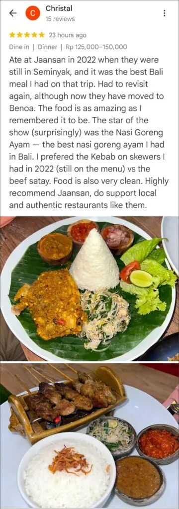 Customer comment Bali food Testimonial